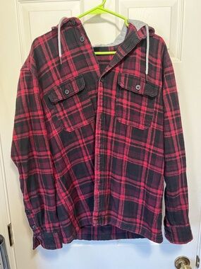 H&M Red and Black Plaid Hooded Flannel Shirt Jacket